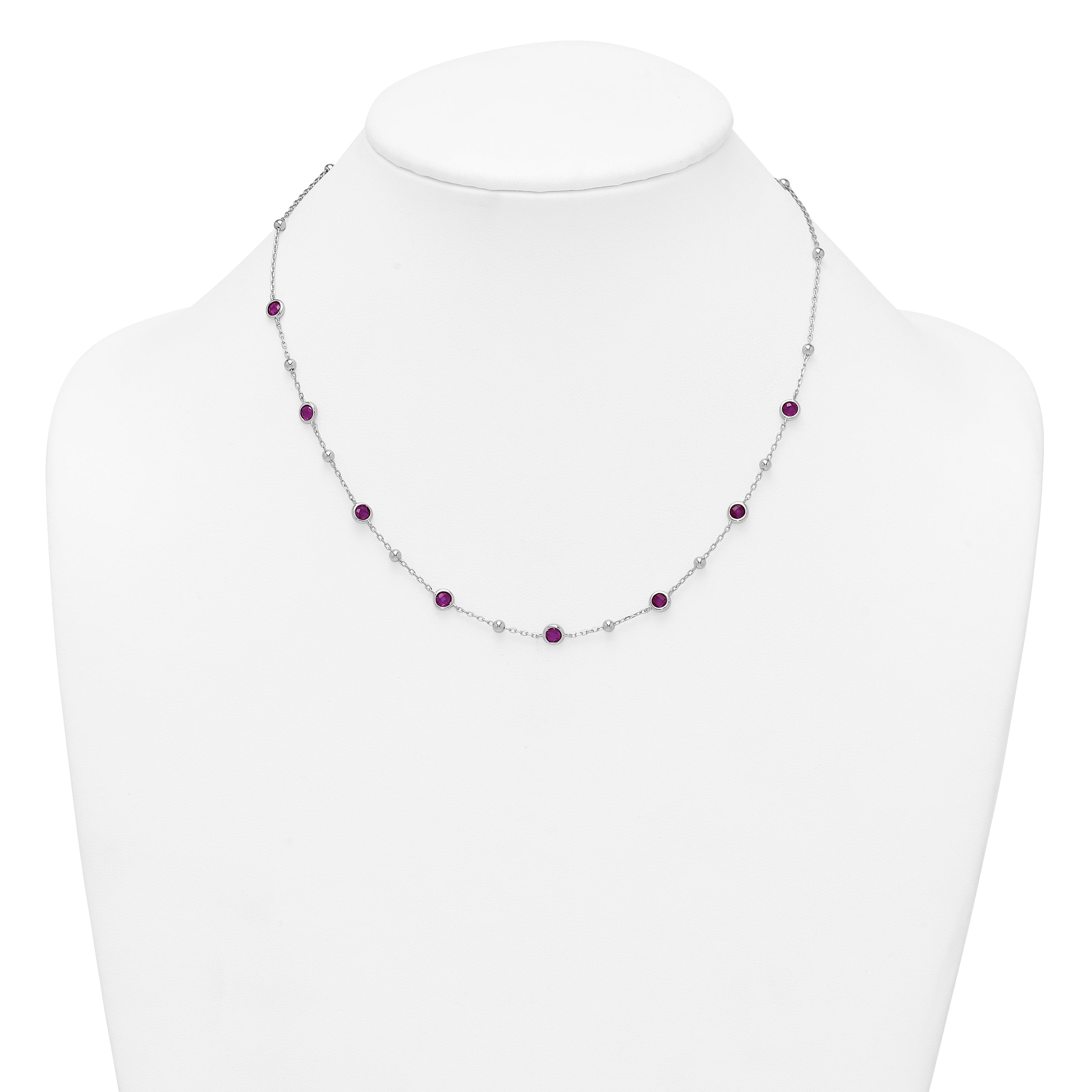 Sterling Silver Rhodium-plated Polished and Beaded Bezel-set Round Red CZ 16 Inch with 2 Inch Extension Necklace