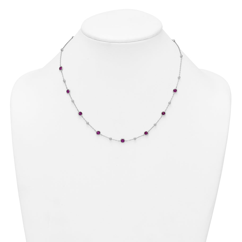 Sterling Silver Rhodium-plated Polished and Beaded Bezel-set Round Red CZ 16 Inch with 2 Inch Extension Necklace