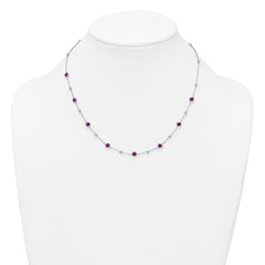 Sterling Silver Rhodium-plated Polished and Beaded Bezel-set Round Red CZ 16 Inch with 2 Inch Extension Necklace