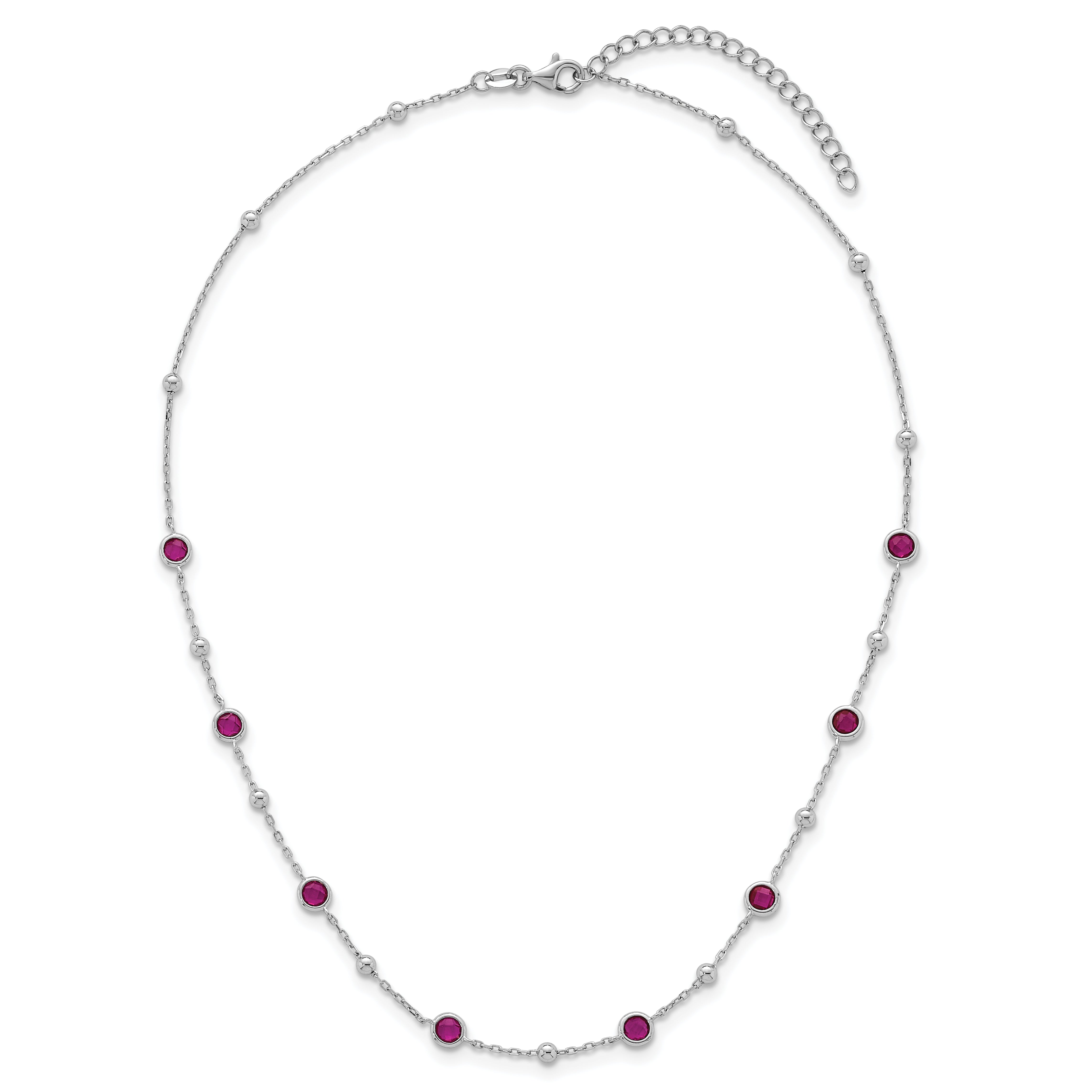 Sterling Silver Rhodium-plated Polished and Beaded Bezel-set Round Red CZ 16 Inch with 2 Inch Extension Necklace