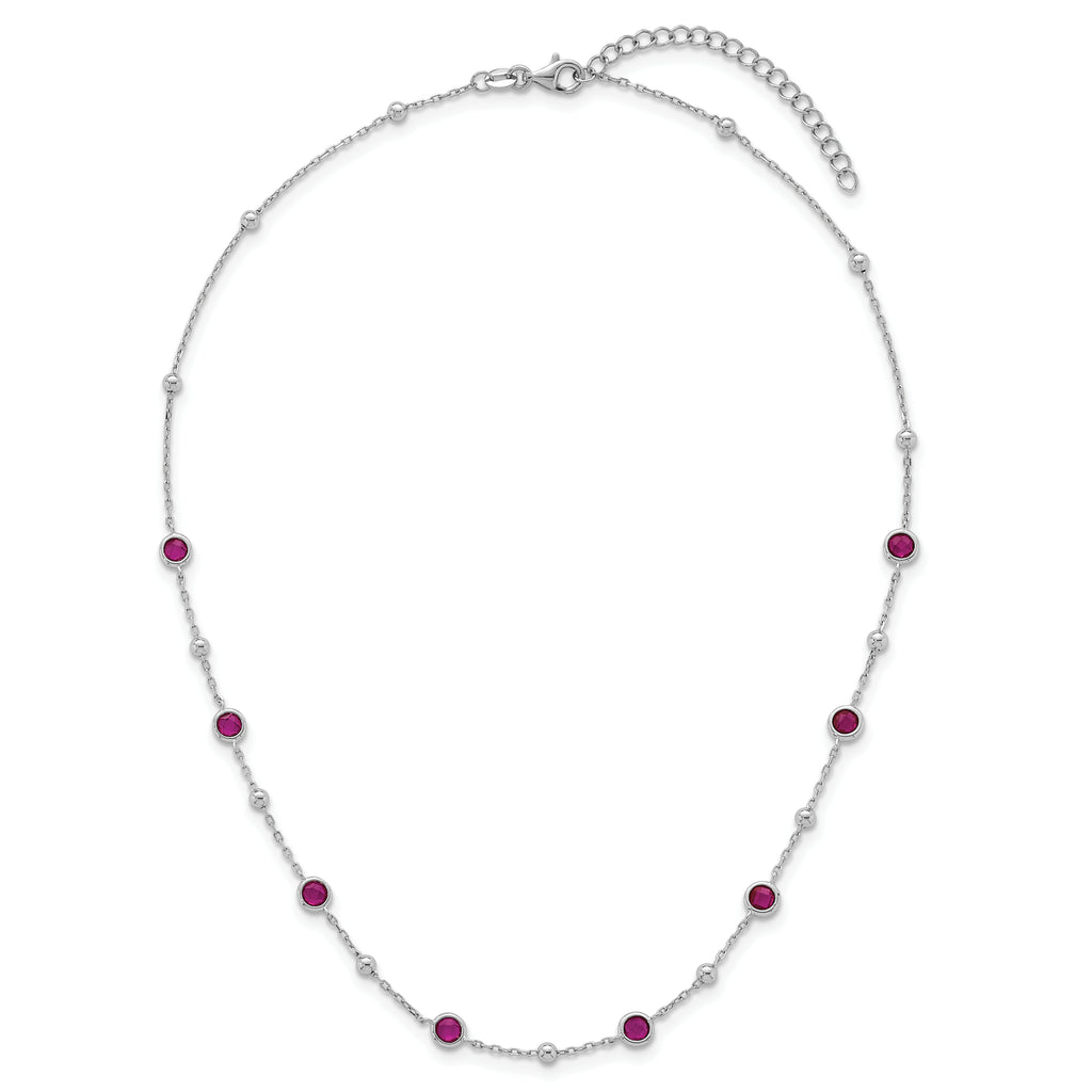 Sterling Silver Rhodium-plated Polished and Beaded Bezel-set Round Red CZ 16 Inch with 2 Inch Extension Necklace