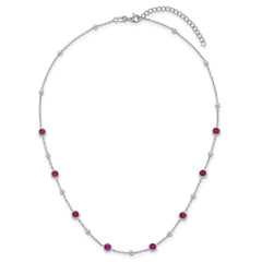 Sterling Silver Rhodium-plated Polished and Beaded Bezel-set Round Red CZ 16 Inch with 2 Inch Extension Necklace