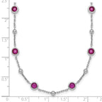 Sterling Silver Rhodium-plated Polished and Beaded Bezel-set Round Red CZ 16 Inch with 2 Inch Extension Necklace