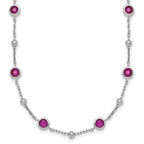 Sterling Silver Rhodium-plated Polished and Beaded Bezel-set Round Red CZ 16 Inch with 2 Inch Extension Necklace