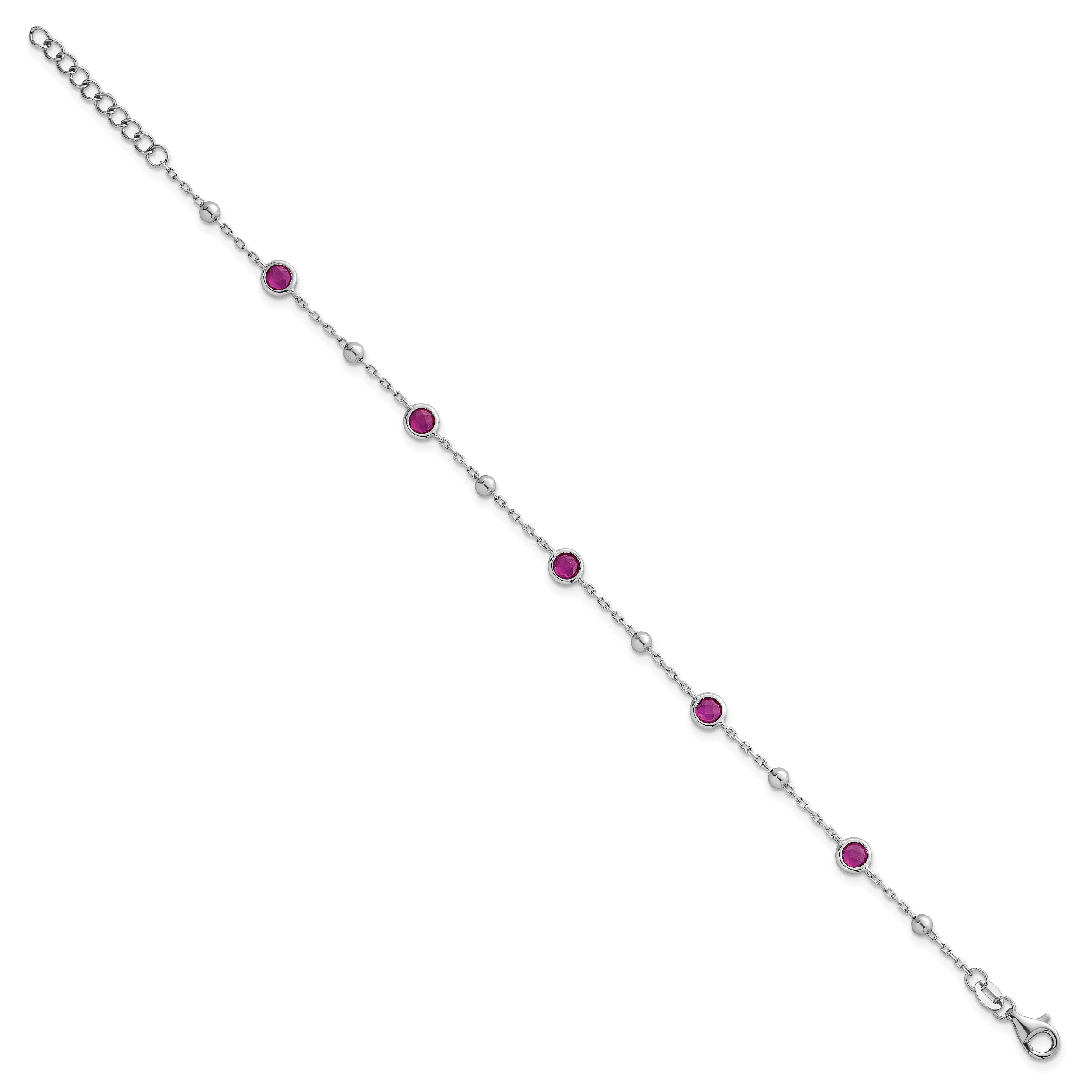 Sterling Silver Rhodium-plated Polished and Beaded Bezel-set Round Red CZ 7 Inch with 1 Inch Extension Bracelet