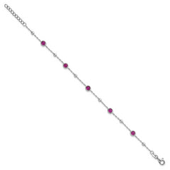 Sterling Silver Rhodium-plated Polished and Beaded Bezel-set Round Red CZ 7 Inch with 1 Inch Extension Bracelet