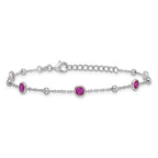 Sterling Silver Rhodium-plated Polished and Beaded Bezel-set Round Red CZ 7 Inch with 1 Inch Extension Bracelet