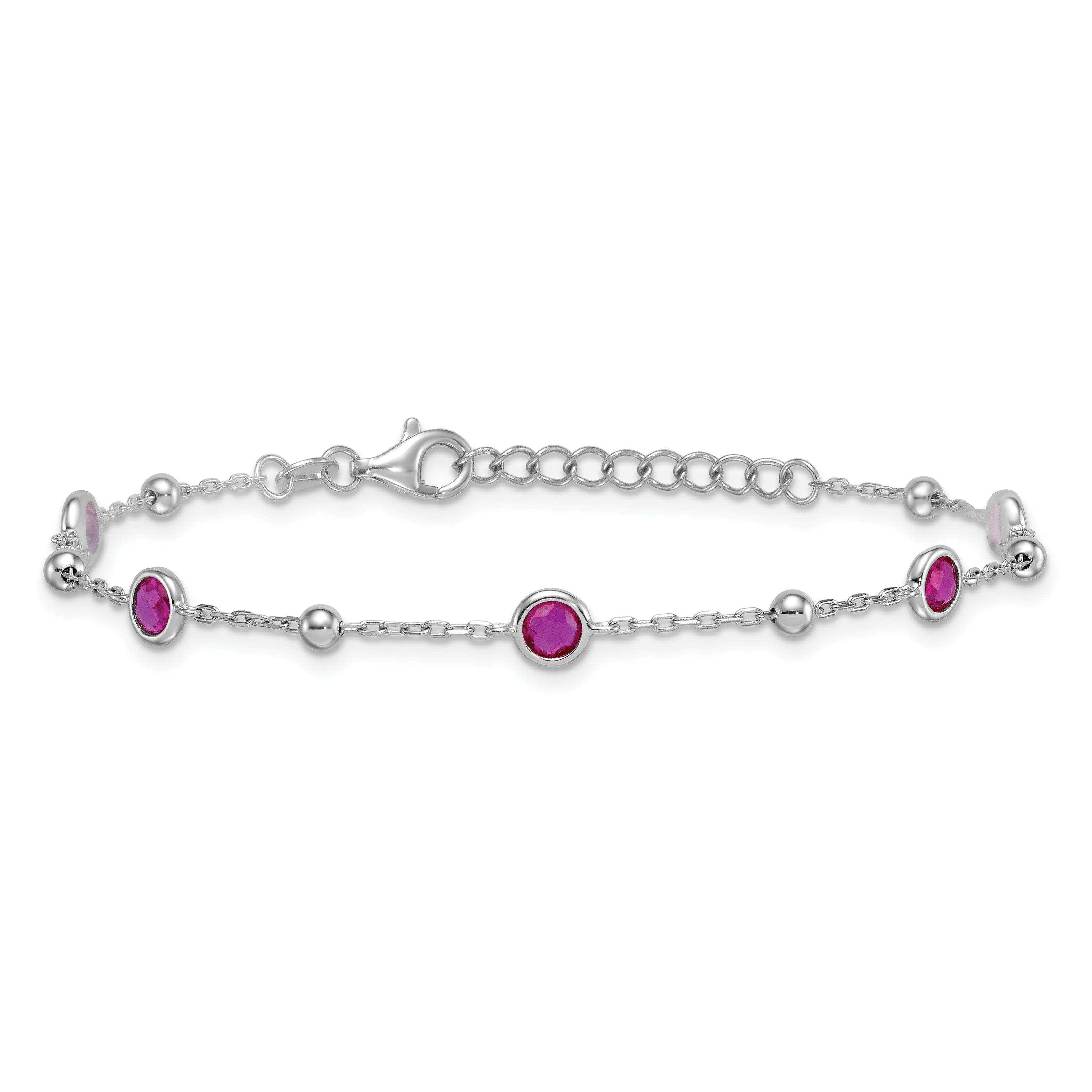 Sterling Silver Rhodium-plated Polished and Beaded Bezel-set Round Red CZ 7 Inch with 1 Inch Extension Bracelet