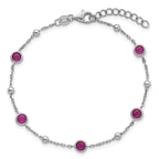Sterling Silver Rhodium-plated Polished and Beaded Bezel-set Round Red CZ 7 Inch with 1 Inch Extension Bracelet