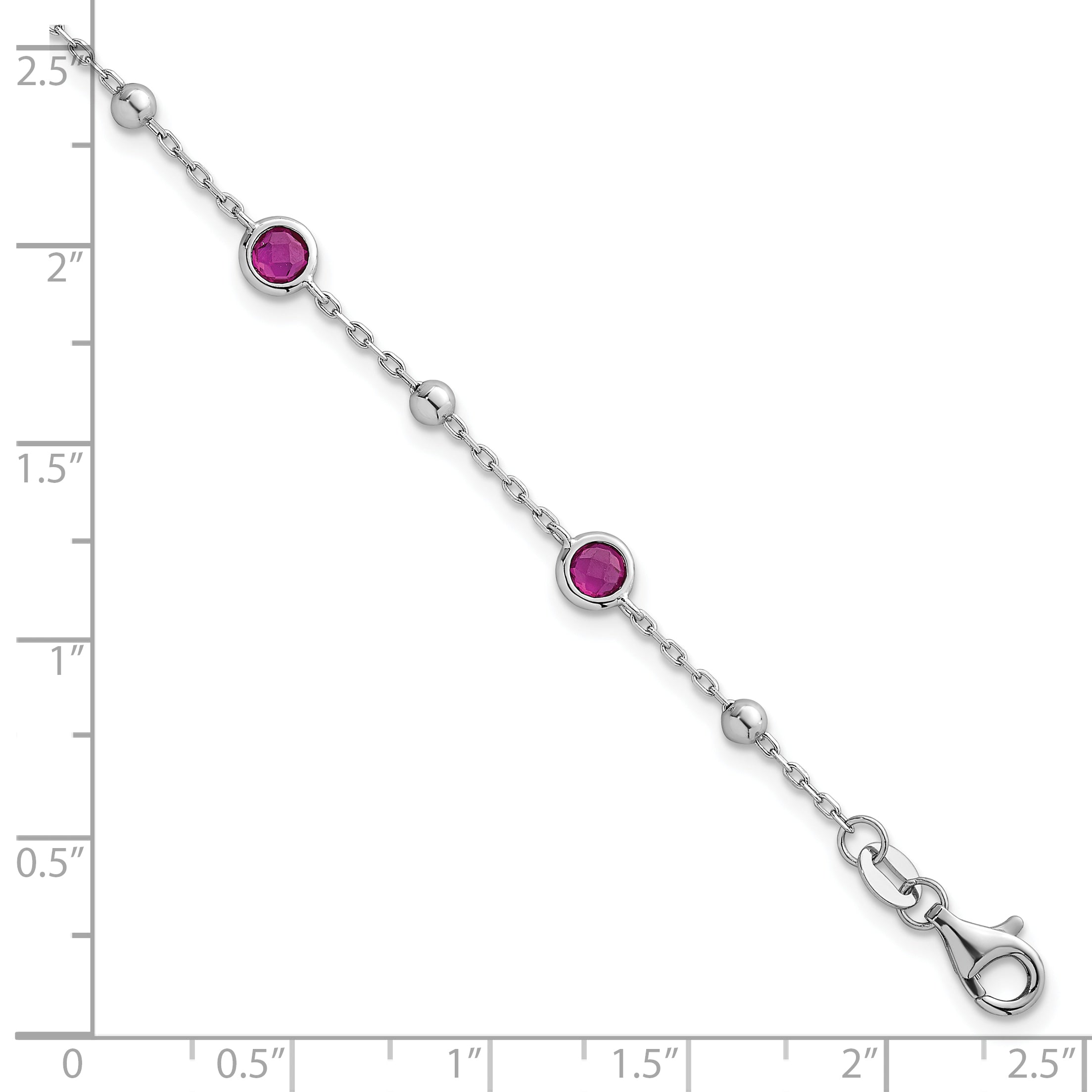 Sterling Silver Rhodium-plated Polished and Beaded Bezel-set Round Red CZ 7 Inch with 1 Inch Extension Bracelet