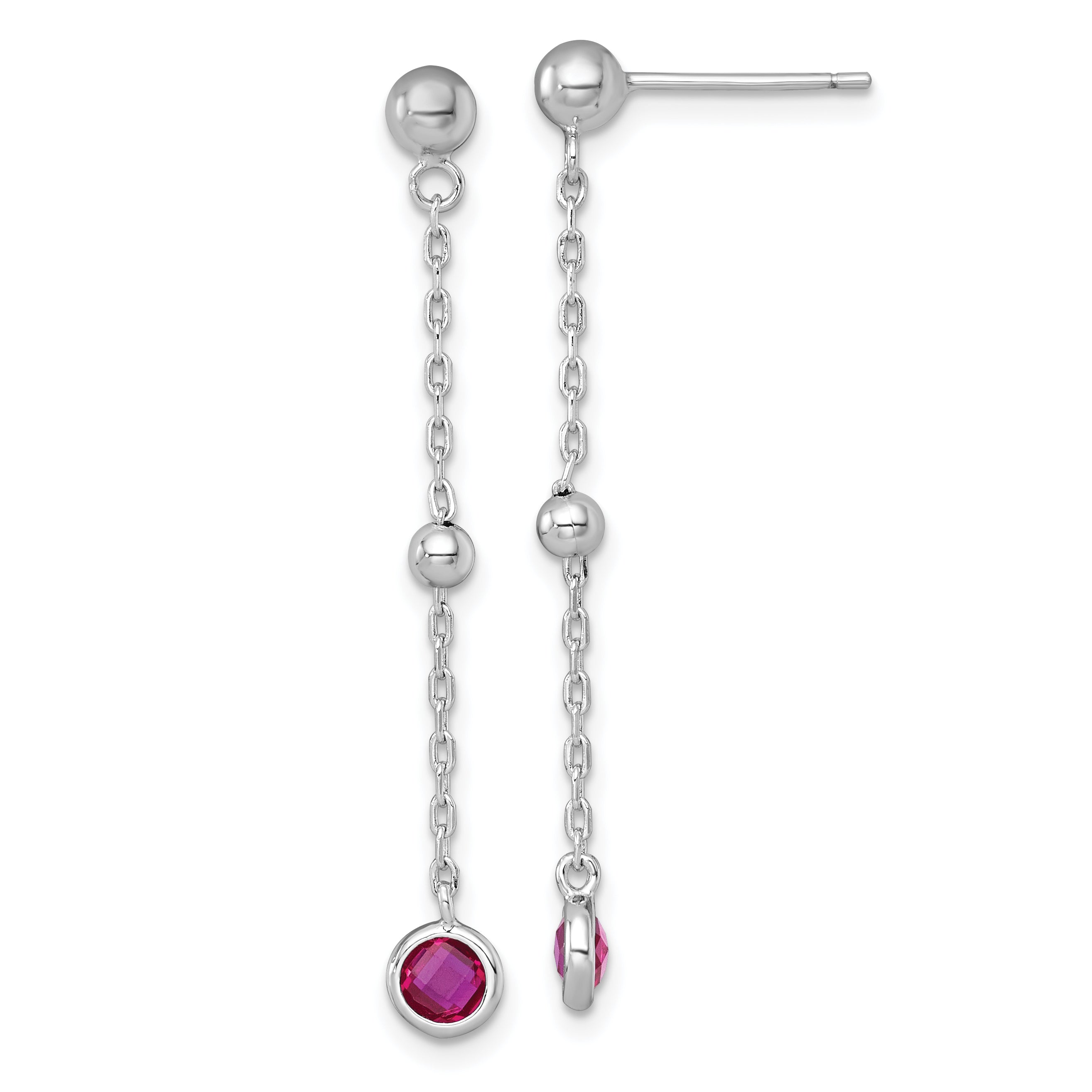 Sterling Silver Rhodium-plated Polished Bezel-set Round Red CZ Dangle Post Earrings Main image