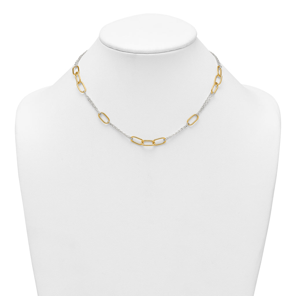 Sterling Silver and Gold-tone Polished Fancy Link and Double Chain 16 inch Necklace