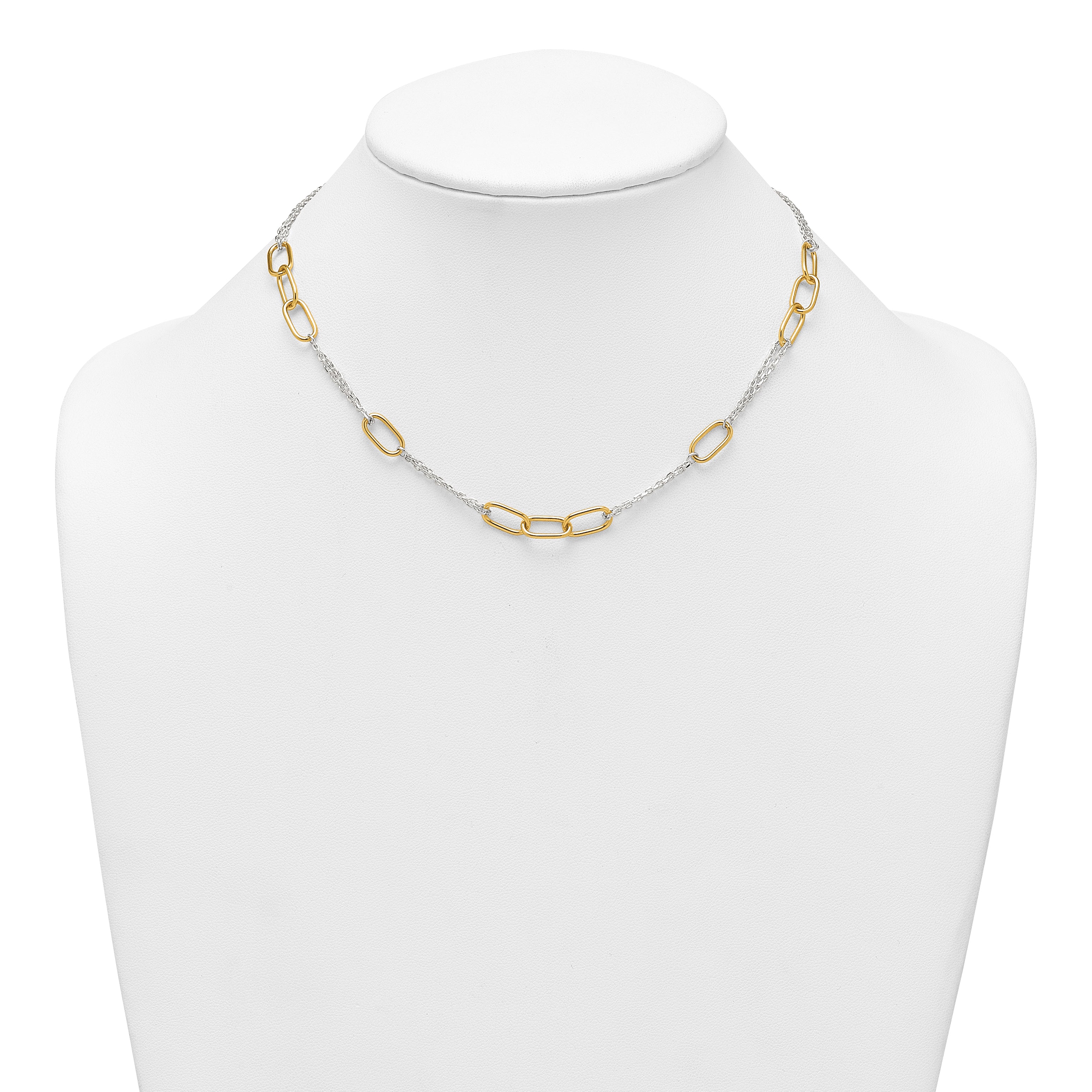 Sterling Silver and Gold-tone Polished Fancy Link and Double Chain 16 inch Necklace