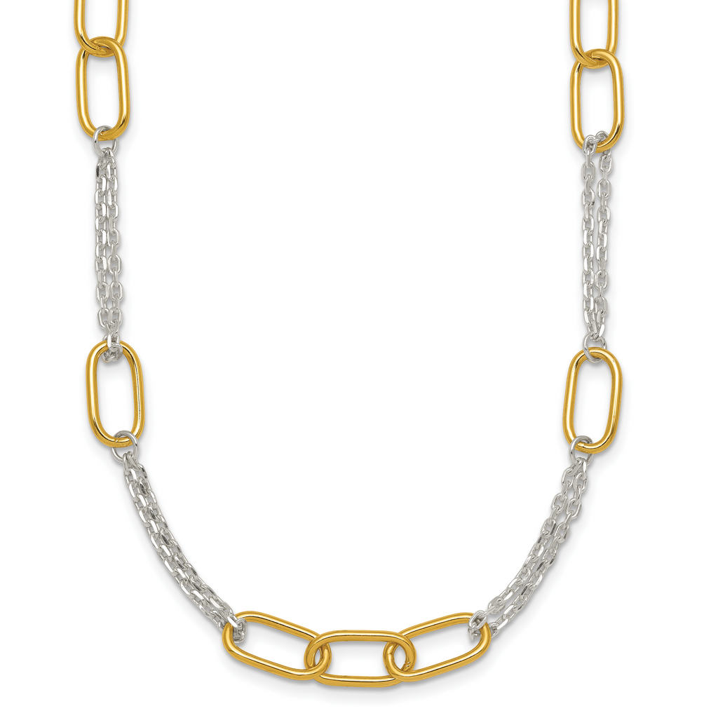 Sterling Silver and Gold-tone Polished Fancy Link and Double Chain 16 inch Necklace