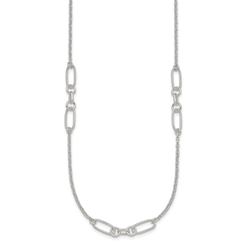Sterling Silver Polished and Textured Fancy Link and Chain 16 inch Necklace