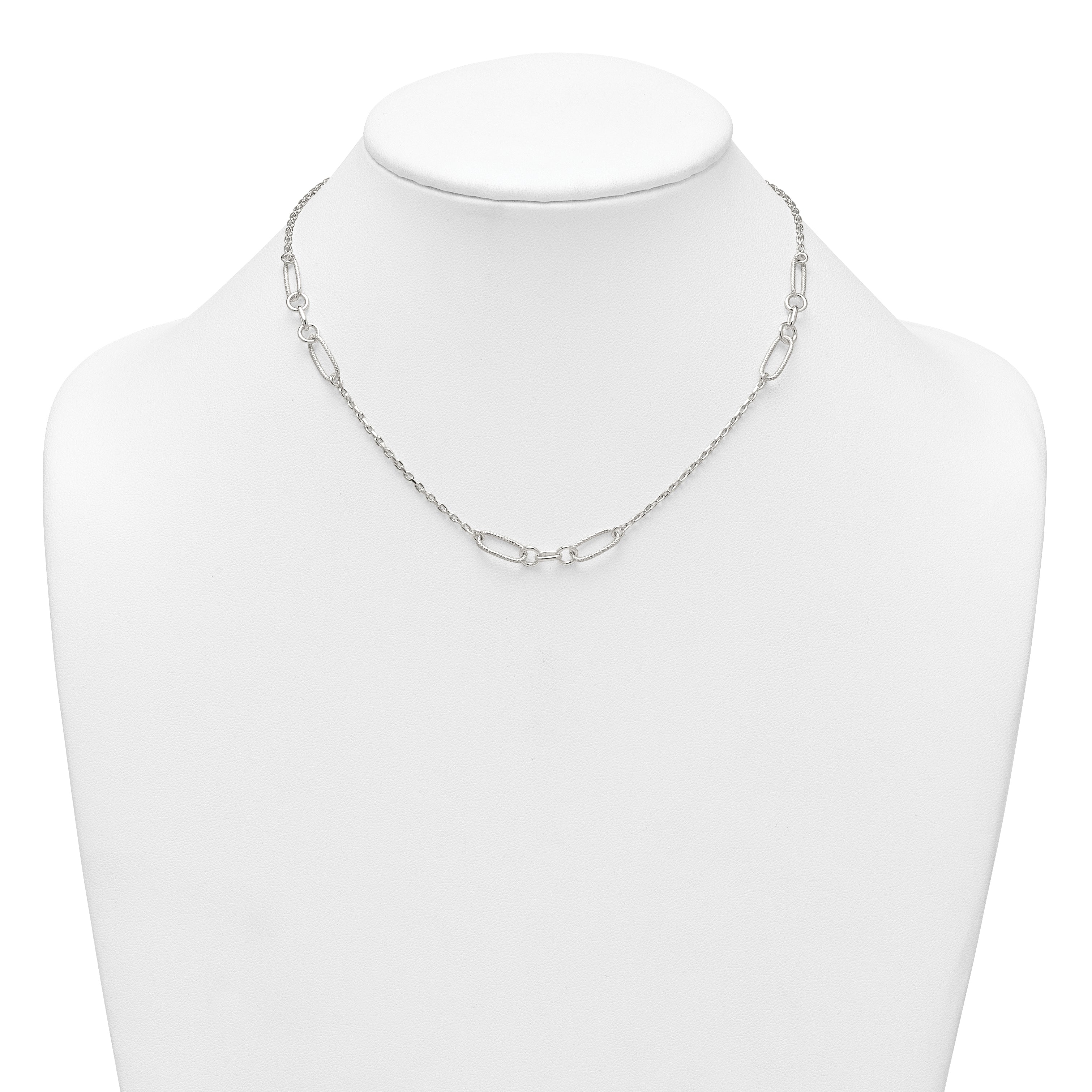 Sterling Silver Polished and Textured Fancy Link and Chain 16 inch Necklace