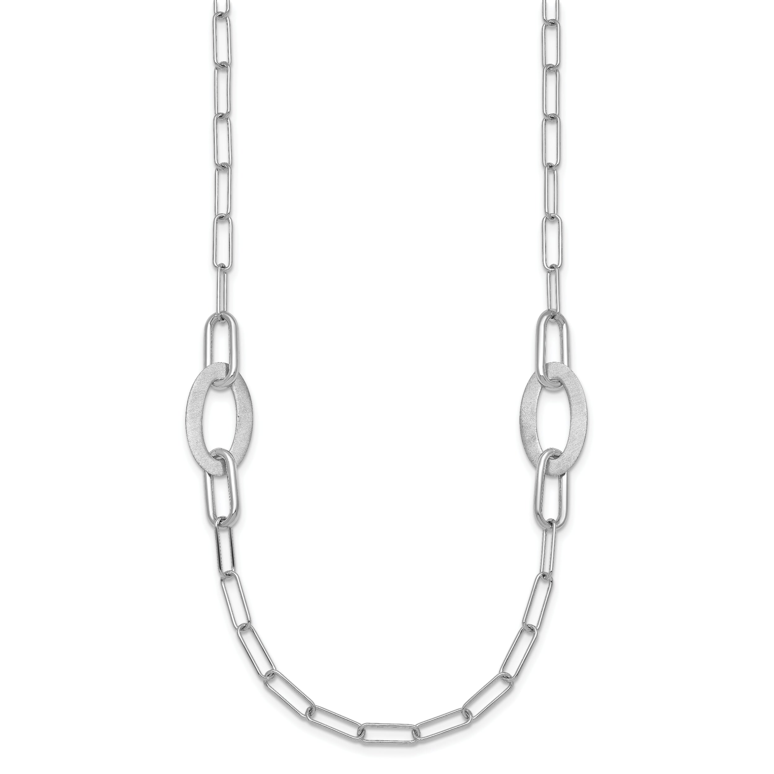 Sterling Silver Rhodium-plated Brushed Fancy Paperclip and Oval Link 24 inch Necklace