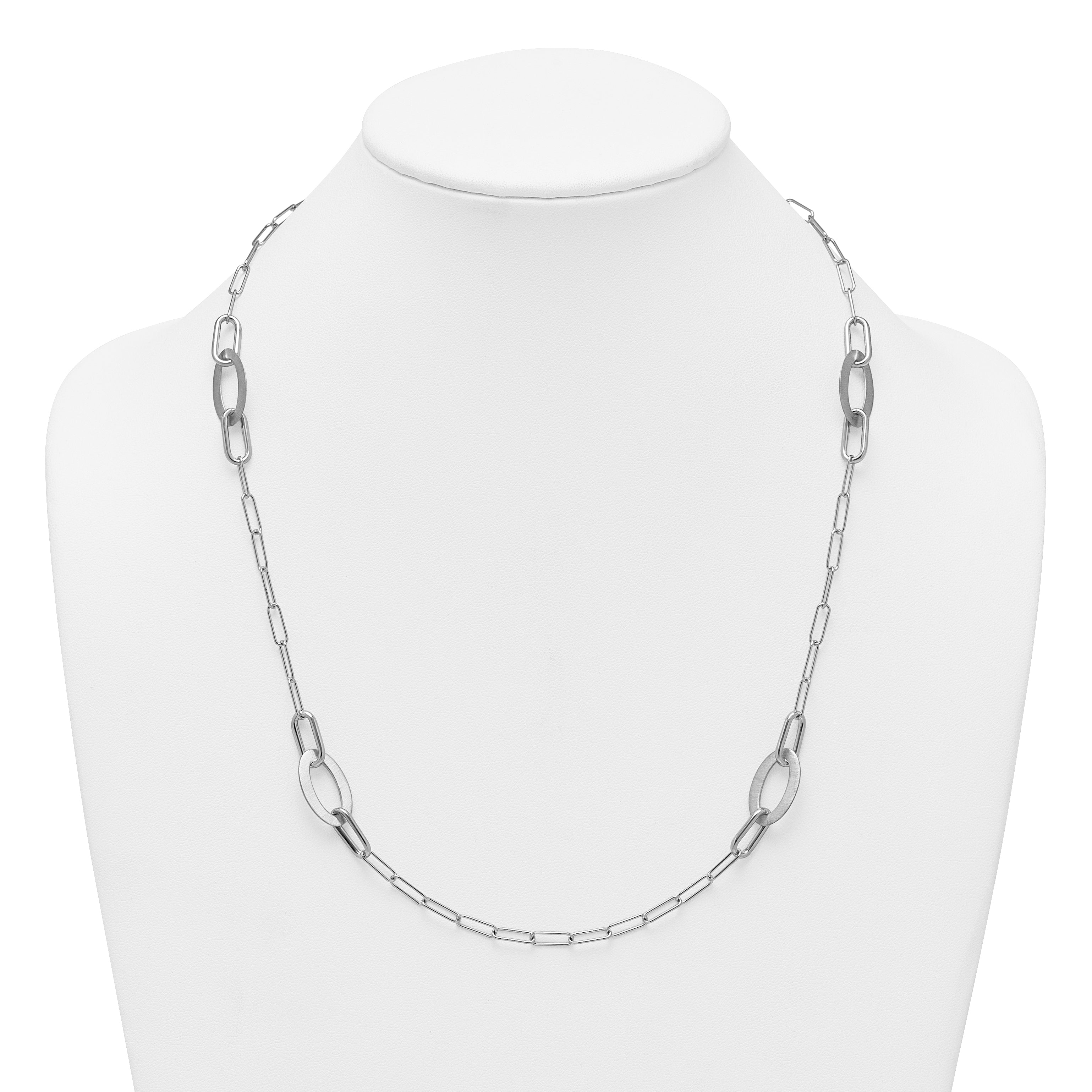 Sterling Silver Rhodium-plated Brushed Fancy Paperclip and Oval Link 24 inch Necklace