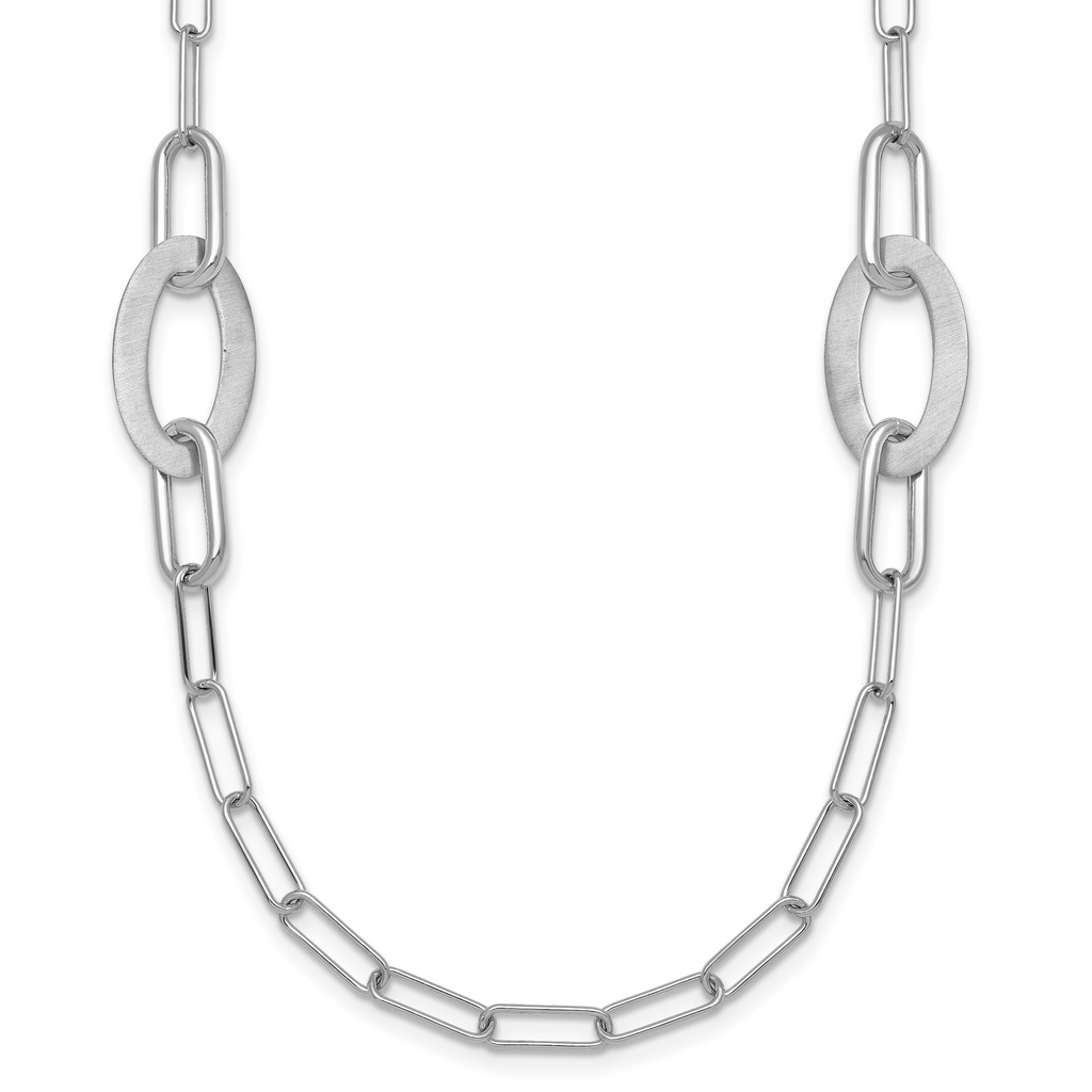 Sterling Silver Rhodium-plated Brushed Fancy Paperclip and Oval Link 24 inch Necklace