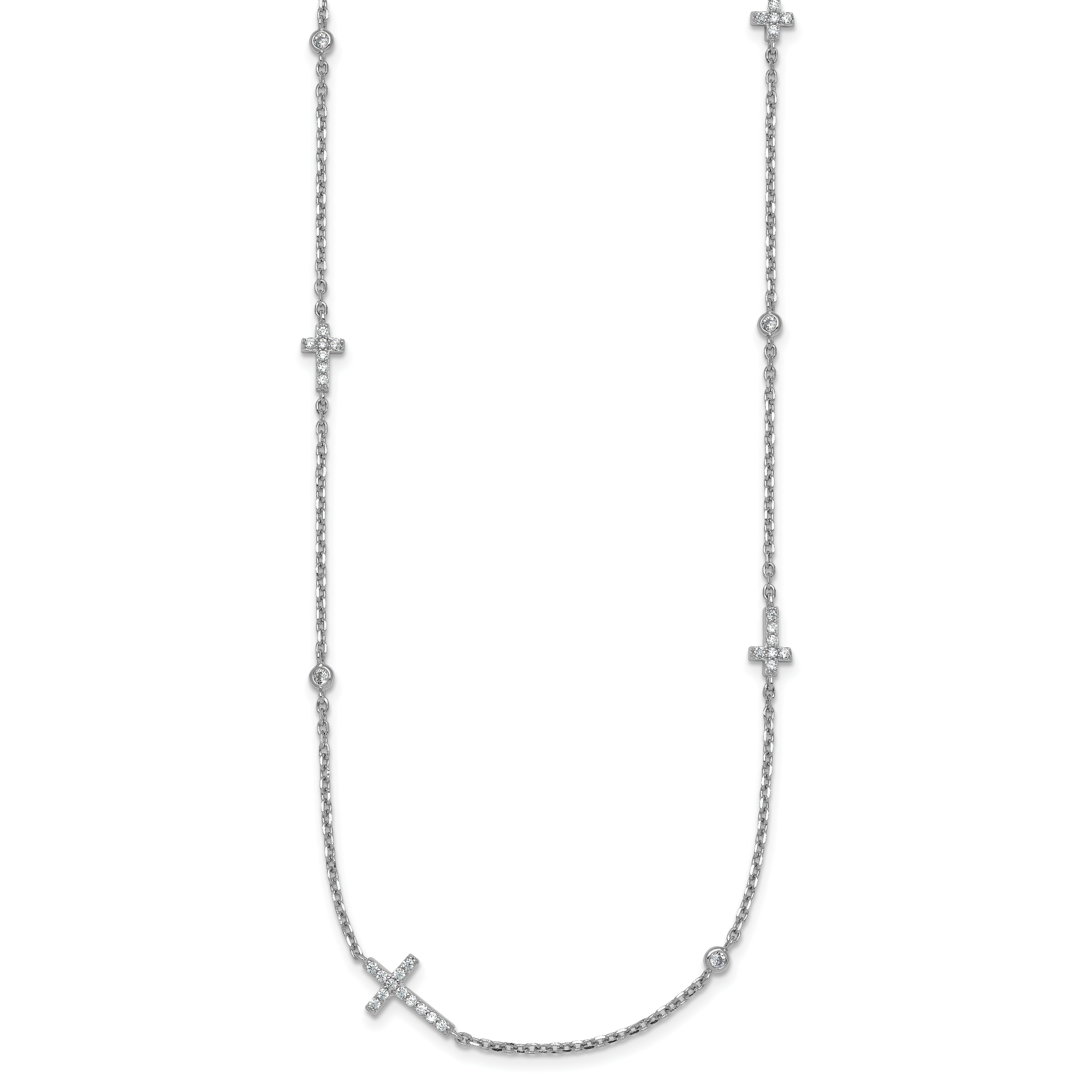 Sterling Silver Rhodium-plated Polished Three CZ Crosses and 3 Round CZ Stations 15 inch with 1.5 inch Extender Necklace Secondary image