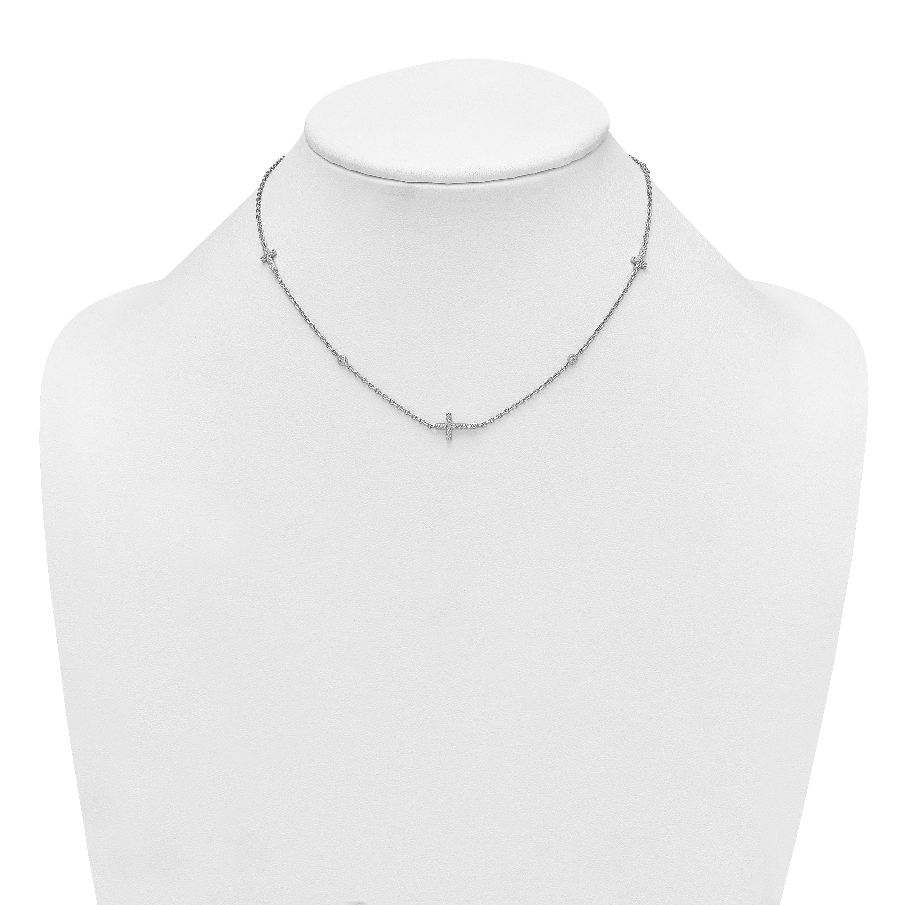 Sterling Silver Rhodium-plated Polished Three CZ Crosses and 3 Round CZ Stations 15 inch with 1.5 inch Extender Necklace