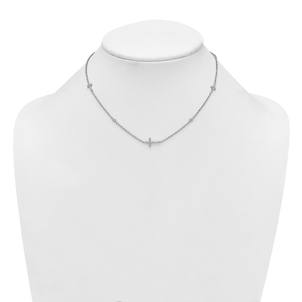 Sterling Silver Rhodium-plated Polished Three CZ Crosses and 3 Round CZ Stations 15 inch with 1.5 inch Extender Necklace
