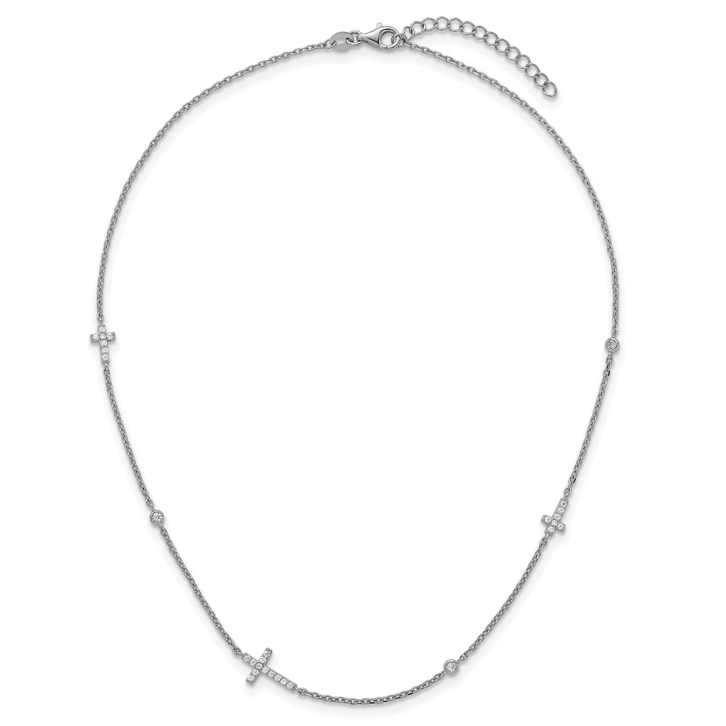 Sterling Silver Rhodium-plated Polished Three CZ Crosses and 3 Round CZ Stations 15 inch with 1.5 inch Extender Necklace