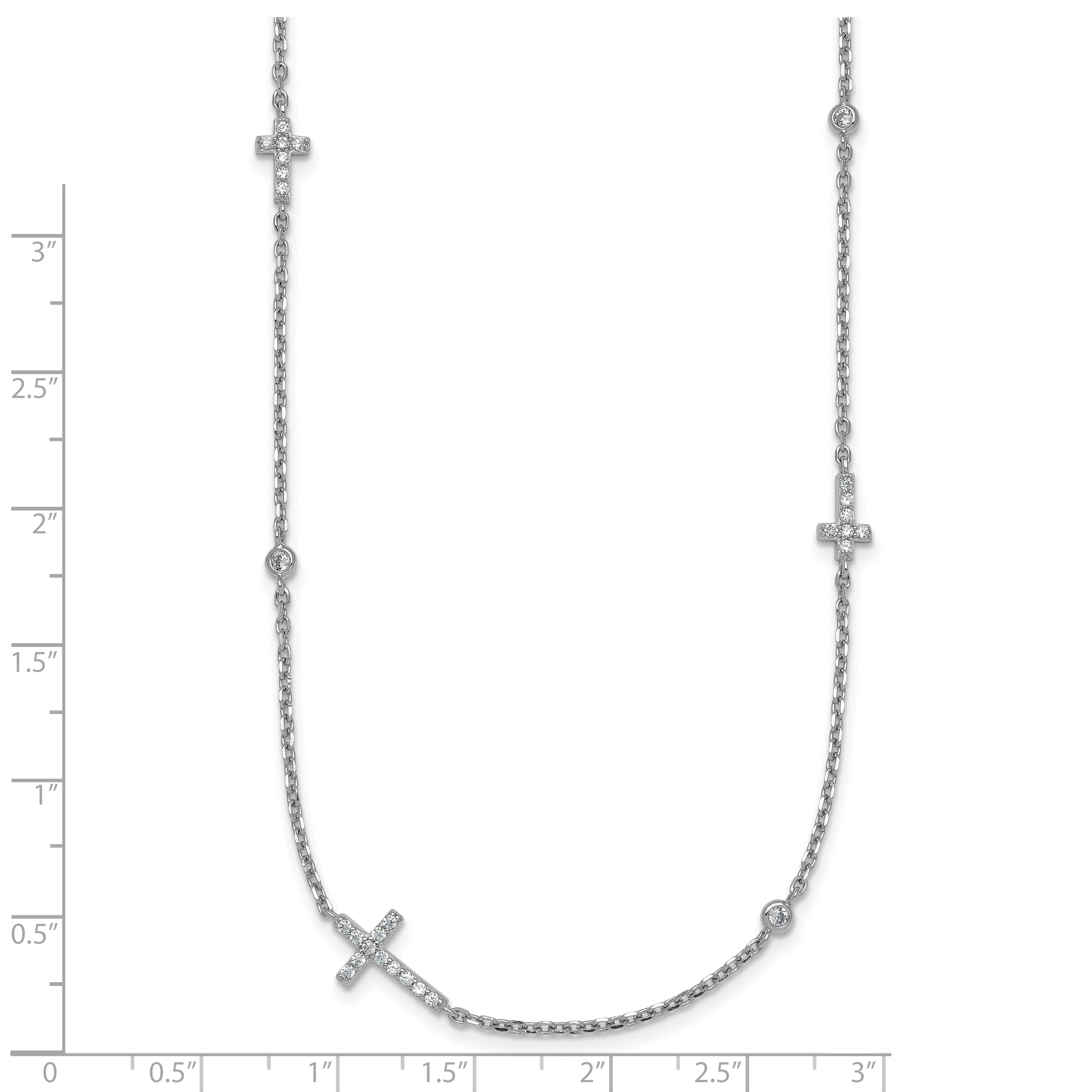 Sterling Silver Rhodium-plated Polished Three CZ Crosses and 3 Round CZ Stations 15 inch with 1.5 inch Extender Necklace