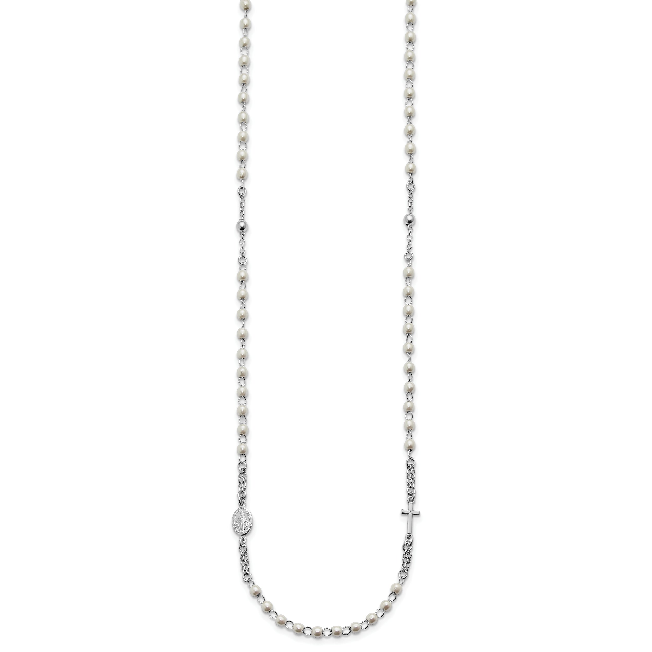 Sterling Silver Rhodium-plated Plastic Imitation Pearl 19.75 inch with 1 inch extender Rosary Themed Necklace