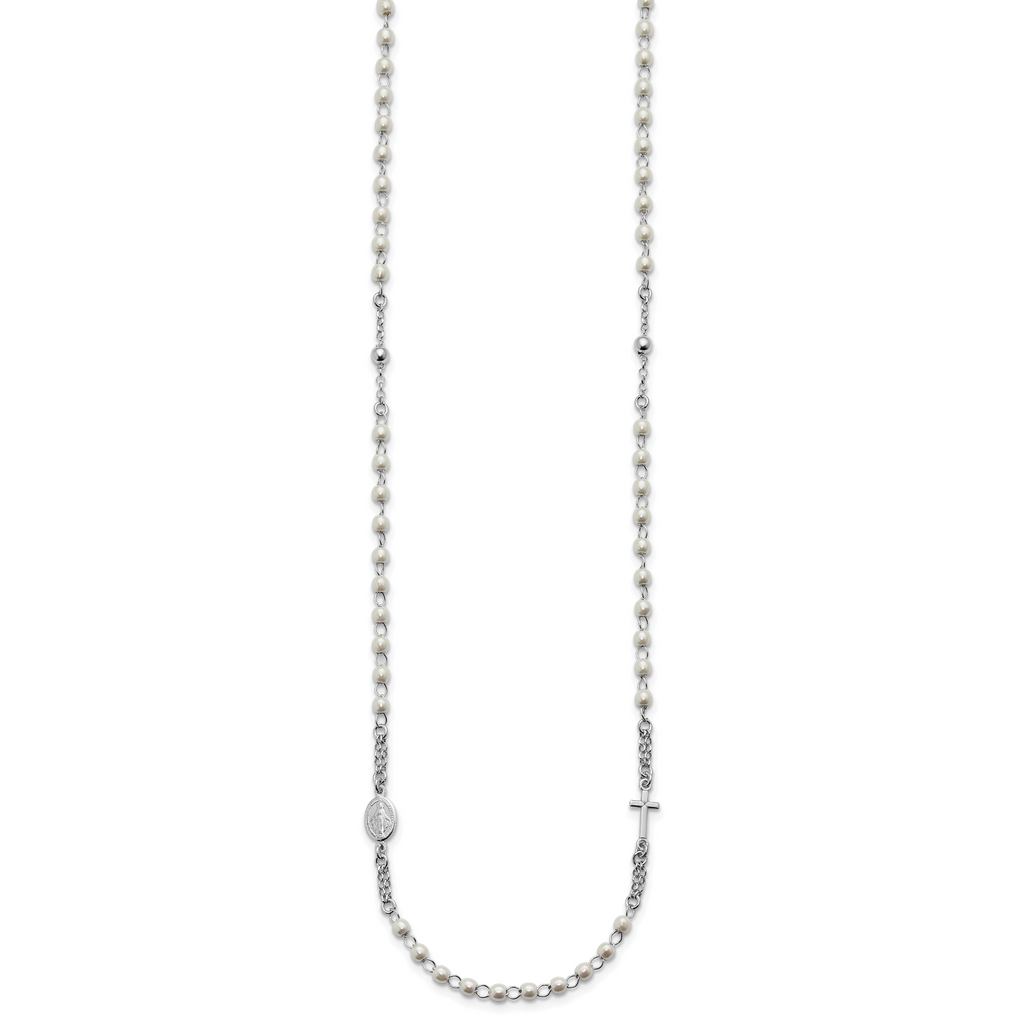Sterling Silver Rhodium-plated Plastic Imitation Pearl 19.75 inch with 1 inch extender Rosary Themed Necklace