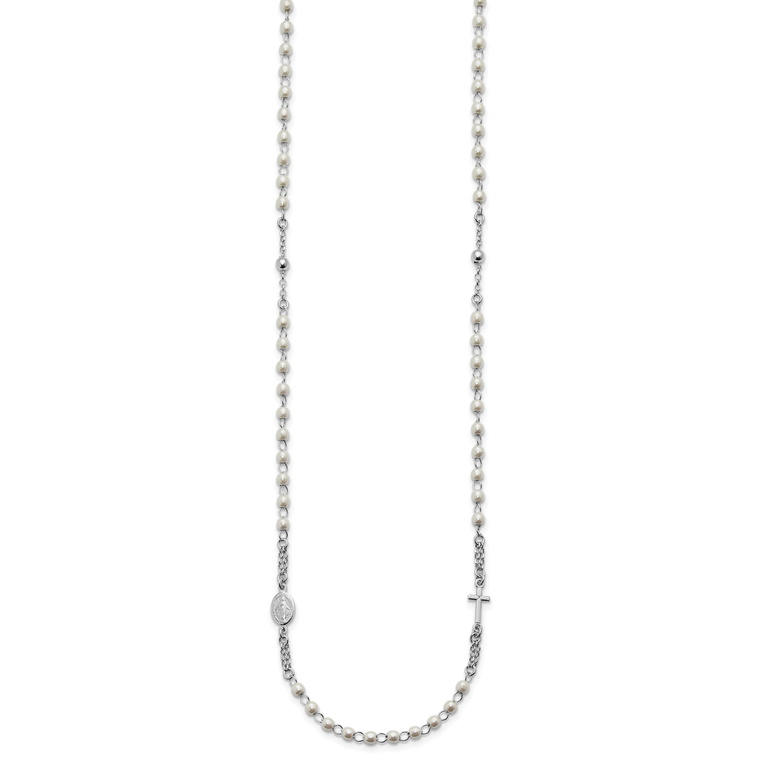 Sterling Silver Rhodium-plated Plastic Imitation Pearl 19.75 inch with 1 inch extender Rosary Themed Necklace