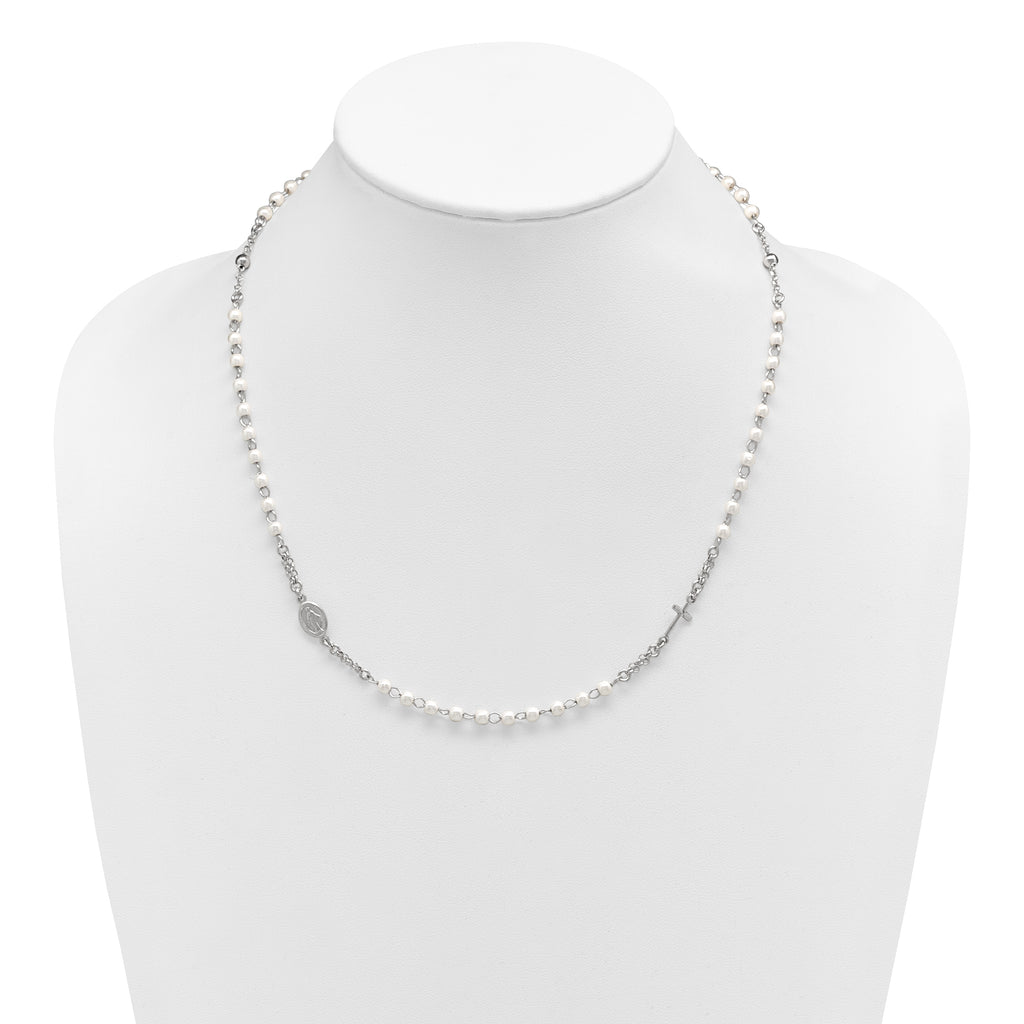 Sterling Silver Rhodium-plated Plastic Imitation Pearl 19.75 inch with 1 inch extender Rosary Themed Necklace