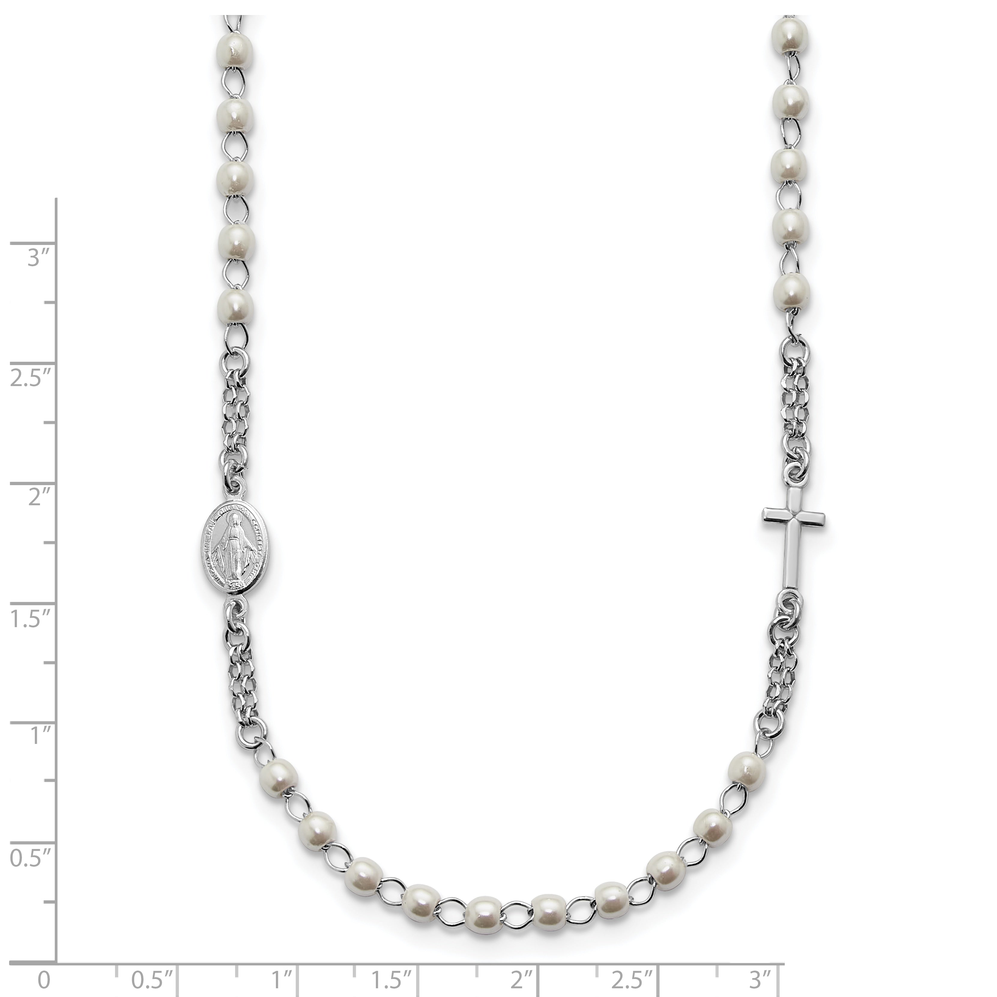 Sterling Silver Rhodium-plated Plastic Imitation Pearl 19.75 inch with 1 inch extender Rosary Themed Necklace