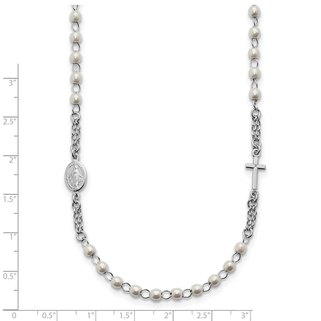 Sterling Silver Rhodium-plated Plastic Imitation Pearl 19.75 inch with 1 inch extender Rosary Themed Necklace