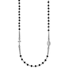 Sterling Silver Rhodium-plated Black Crystal 20 inch with 0.5 inch extender Rosary Themed Necklace