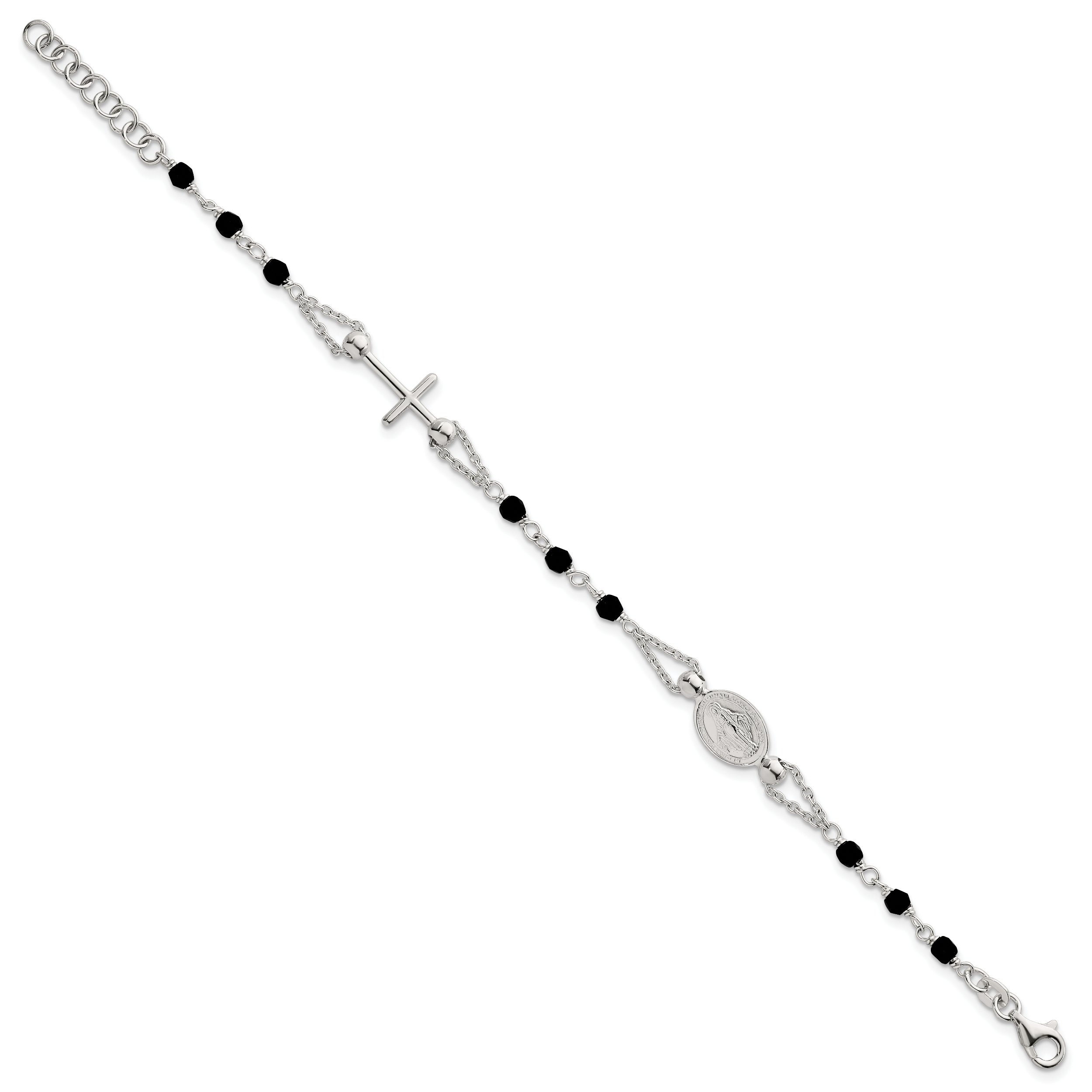 Sterling Silver Polished Beaded Black Glass 6.5 inch with 1 inch Extension Rosary-Design Bracelet Secondary image