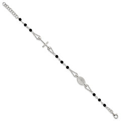 Sterling Silver Polished Beaded Black Glass 6.5 inch with 1 inch Extension Rosary-Design Bracelet