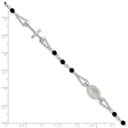 Sterling Silver Polished Beaded Black Glass 6.5 inch with 1 inch Extension Rosary-Design Bracelet