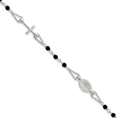 Sterling Silver Polished Beaded Black Glass 6.5 inch with 1 inch Extension Rosary-Design Bracelet
