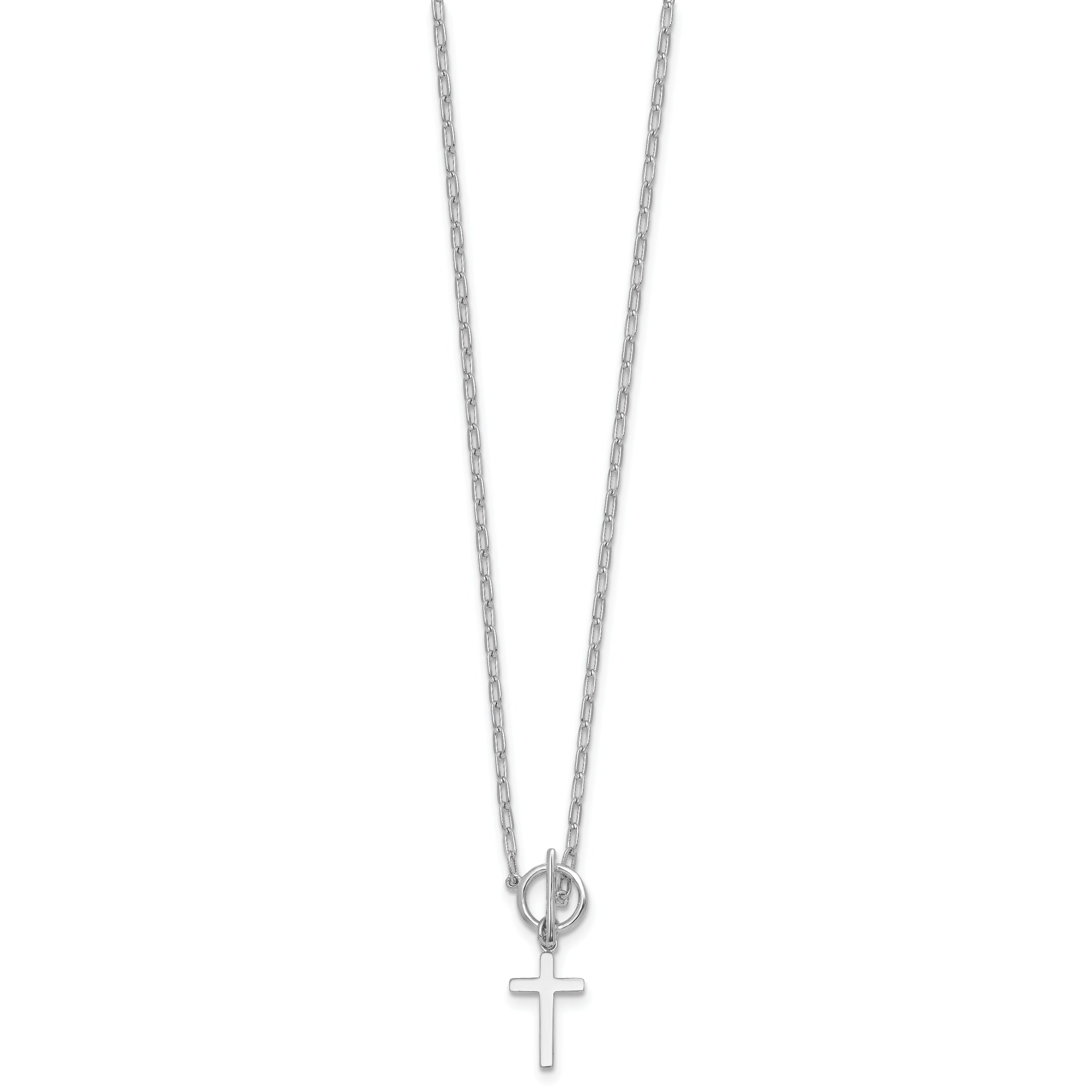 Sterling Silver Rhodium-plated Polished Cross Dangle Paperclip Link 16 Inch with 2 Inch Extension Necklace