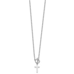 Sterling Silver Rhodium-plated Polished Cross Dangle Paperclip Link 16 Inch with 2 Inch Extension Necklace