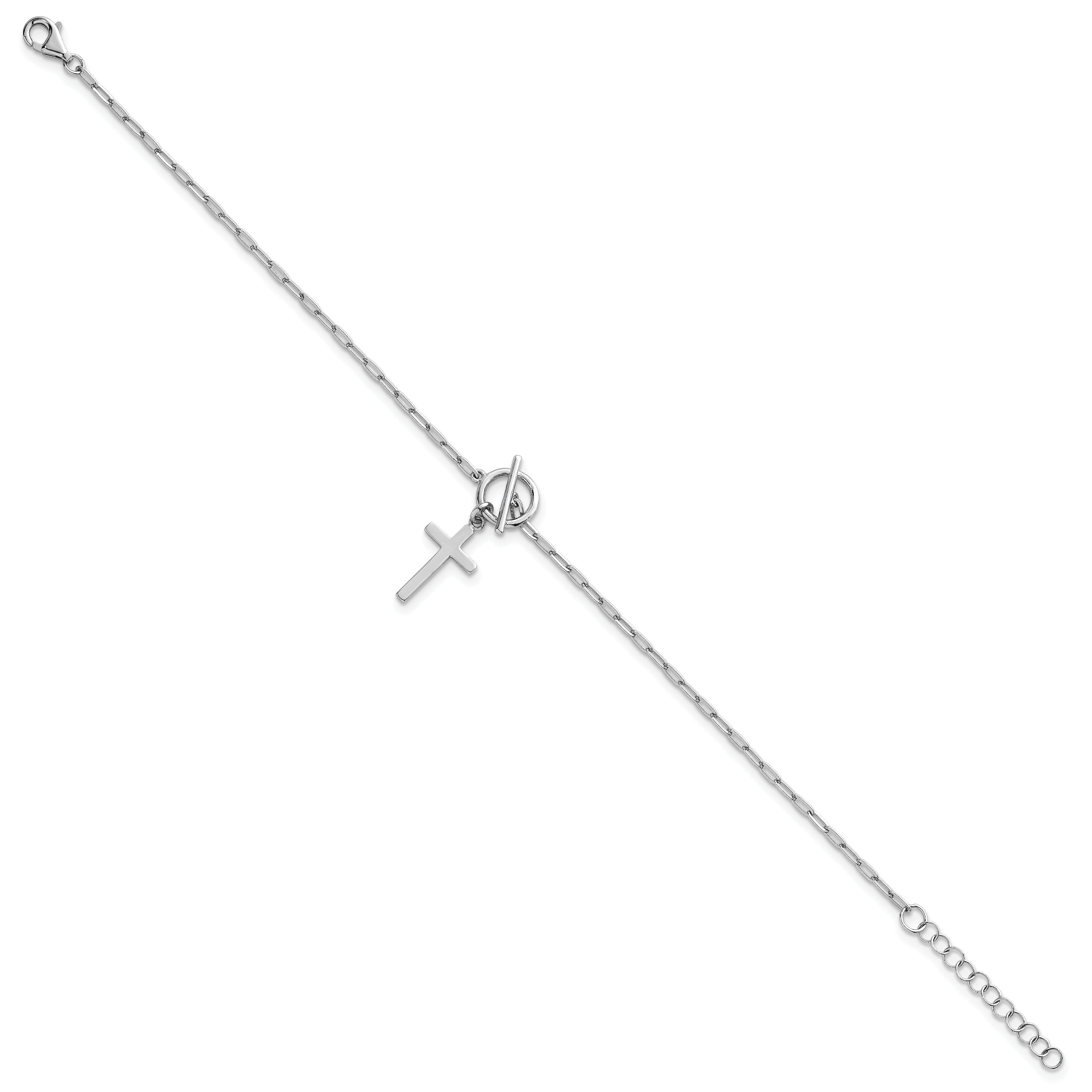 Sterling Silver Rhodium-plated Polished Cross Dangle Paperclip Link 6.5 Inch with 1 Inch Extension Bracelet
