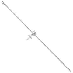 Sterling Silver Rhodium-plated Polished Cross Dangle Paperclip Link 6.5 Inch with 1 Inch Extension Bracelet