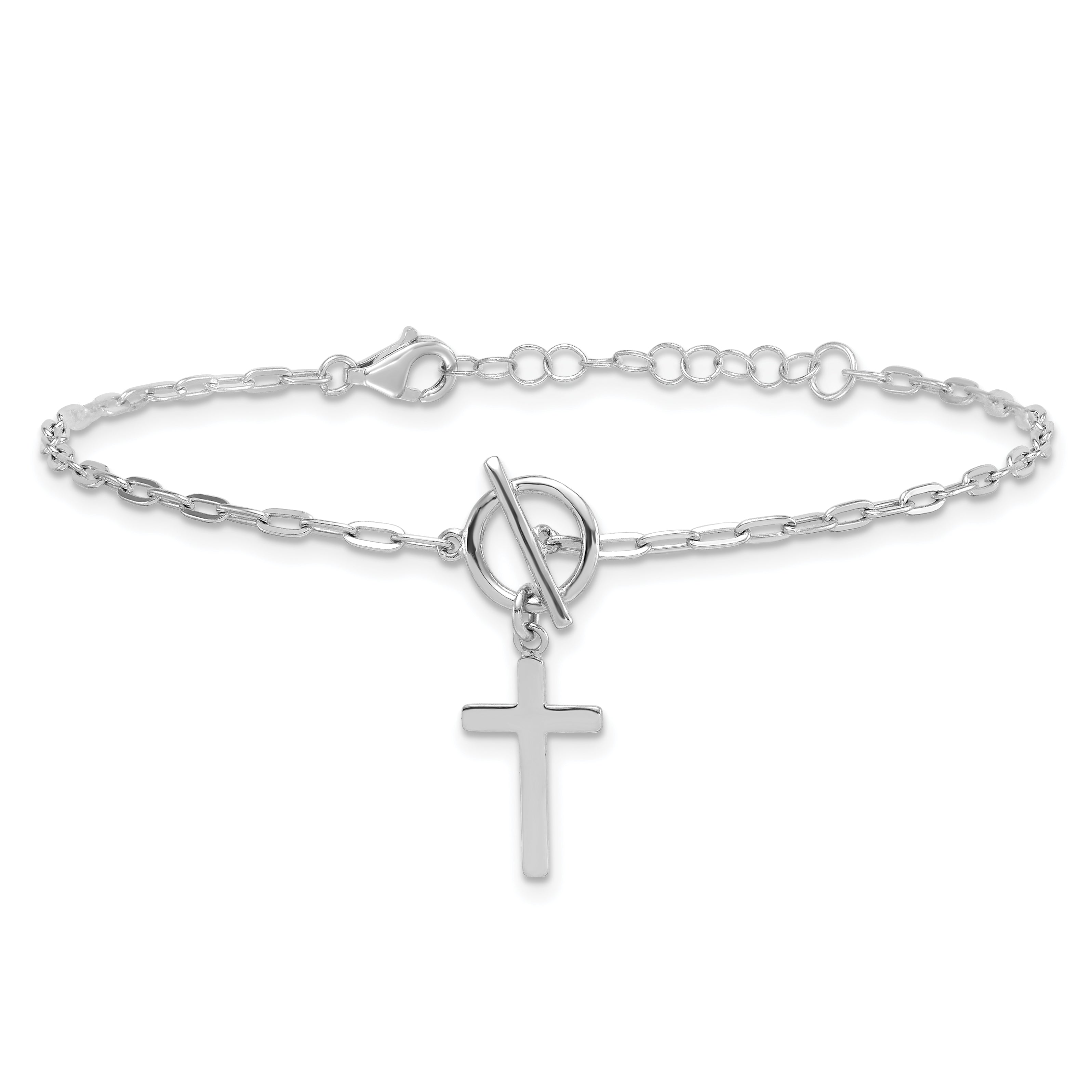 Sterling Silver Rhodium-plated Polished Cross Dangle Paperclip Link 6.5 Inch with 1 Inch Extension Bracelet