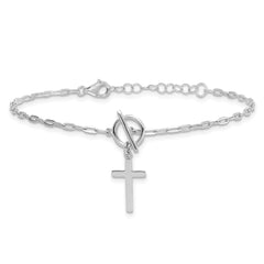 Sterling Silver Rhodium-plated Polished Cross Dangle Paperclip Link 6.5 Inch with 1 Inch Extension Bracelet