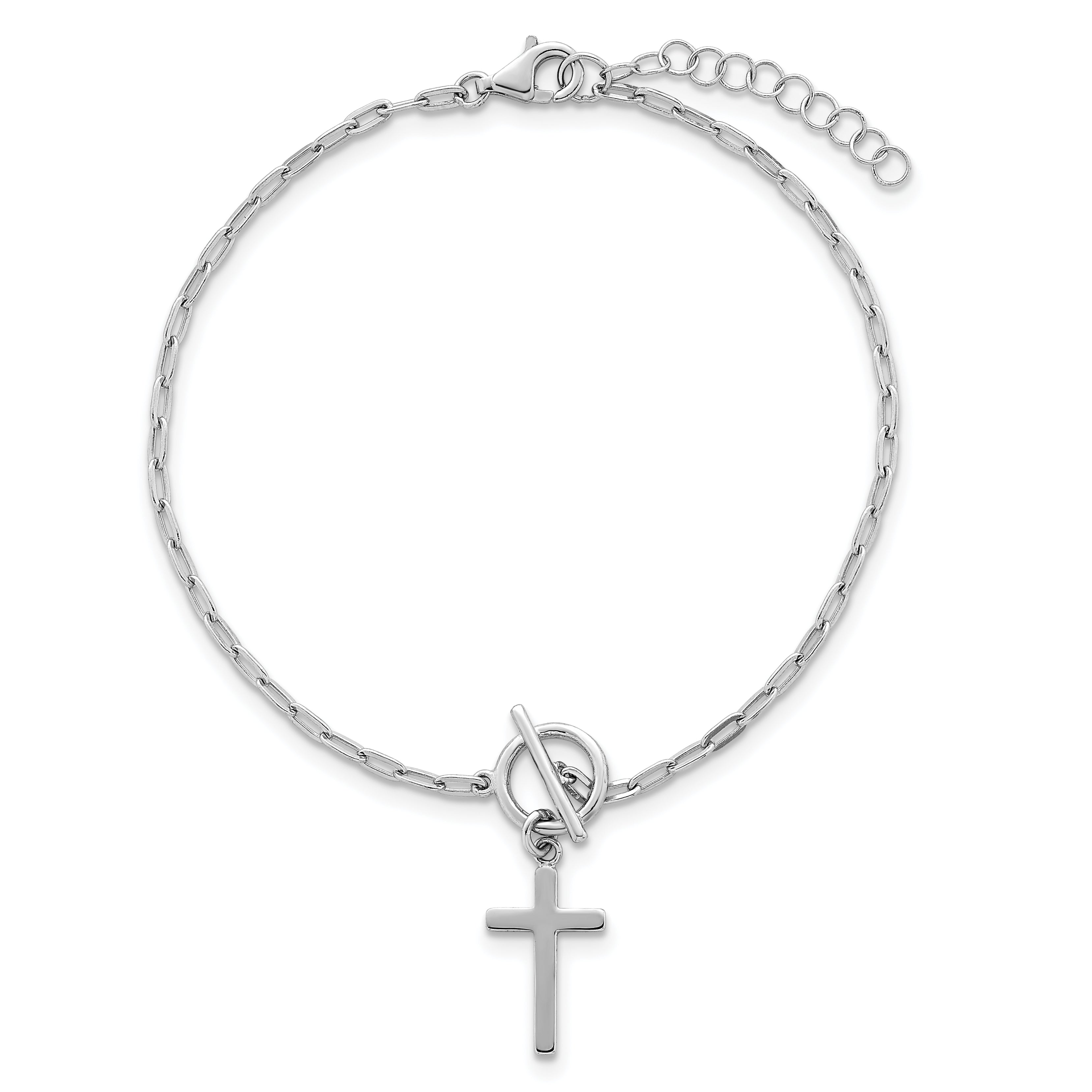 Sterling Silver Rhodium-plated Polished Cross Dangle Paperclip Link 6.5 Inch with 1 Inch Extension Bracelet