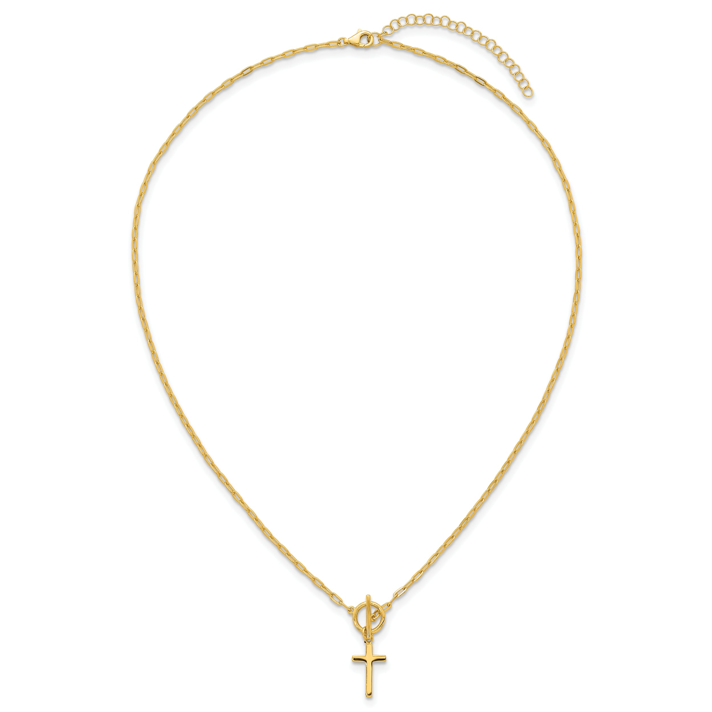 Sterling Silver Gold-tone Polished Cross Dangle Paperclip Link 16 Inch with 2 Inch Extension Necklace