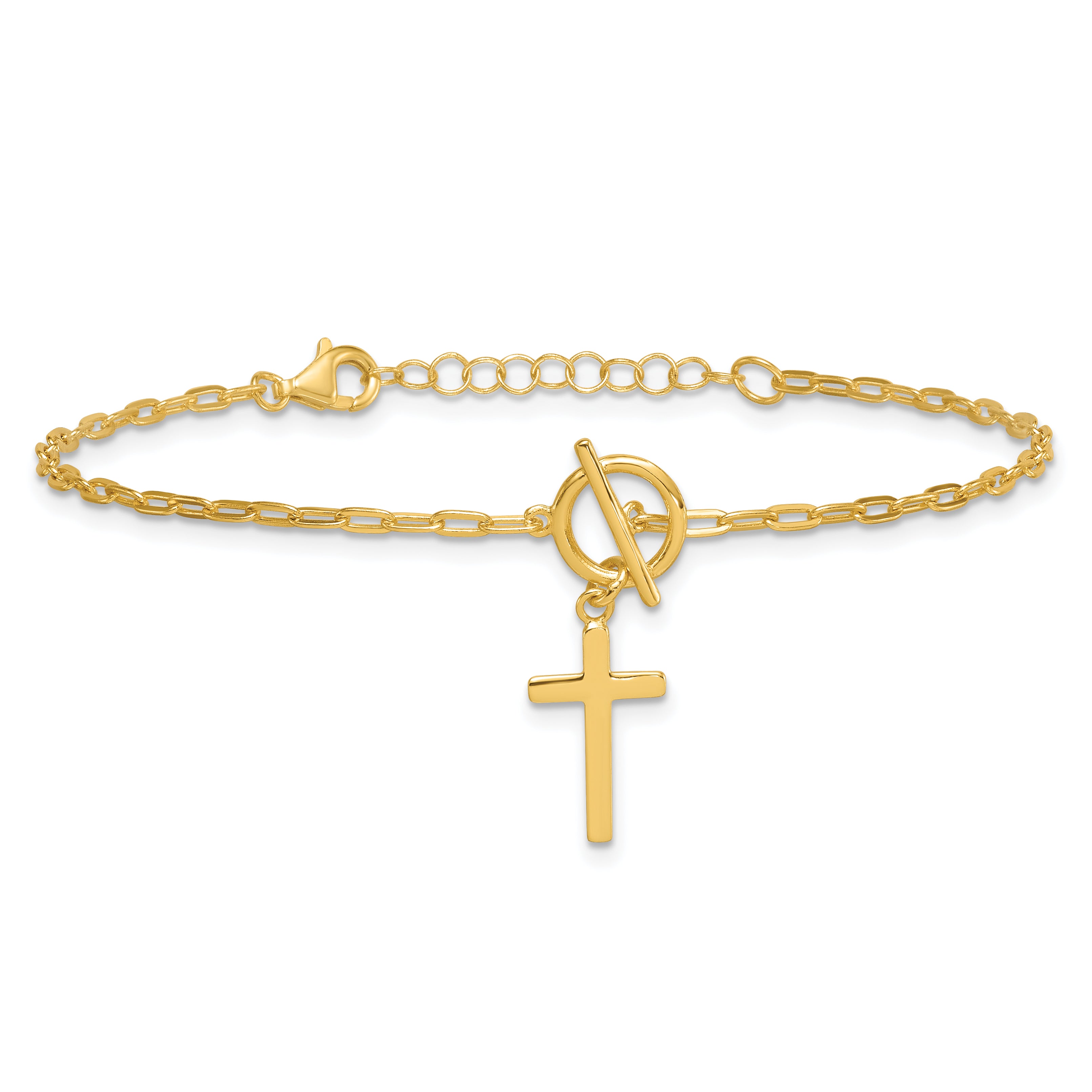 Sterling Silver Gold-tone Polished Cross Dangle Paperclip Link 6.5 Inch with 1 Inch Extension Bracelet