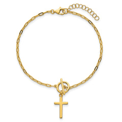 Sterling Silver Gold-tone Polished Cross Dangle Paperclip Link 6.5 Inch with 1 Inch Extension Bracelet