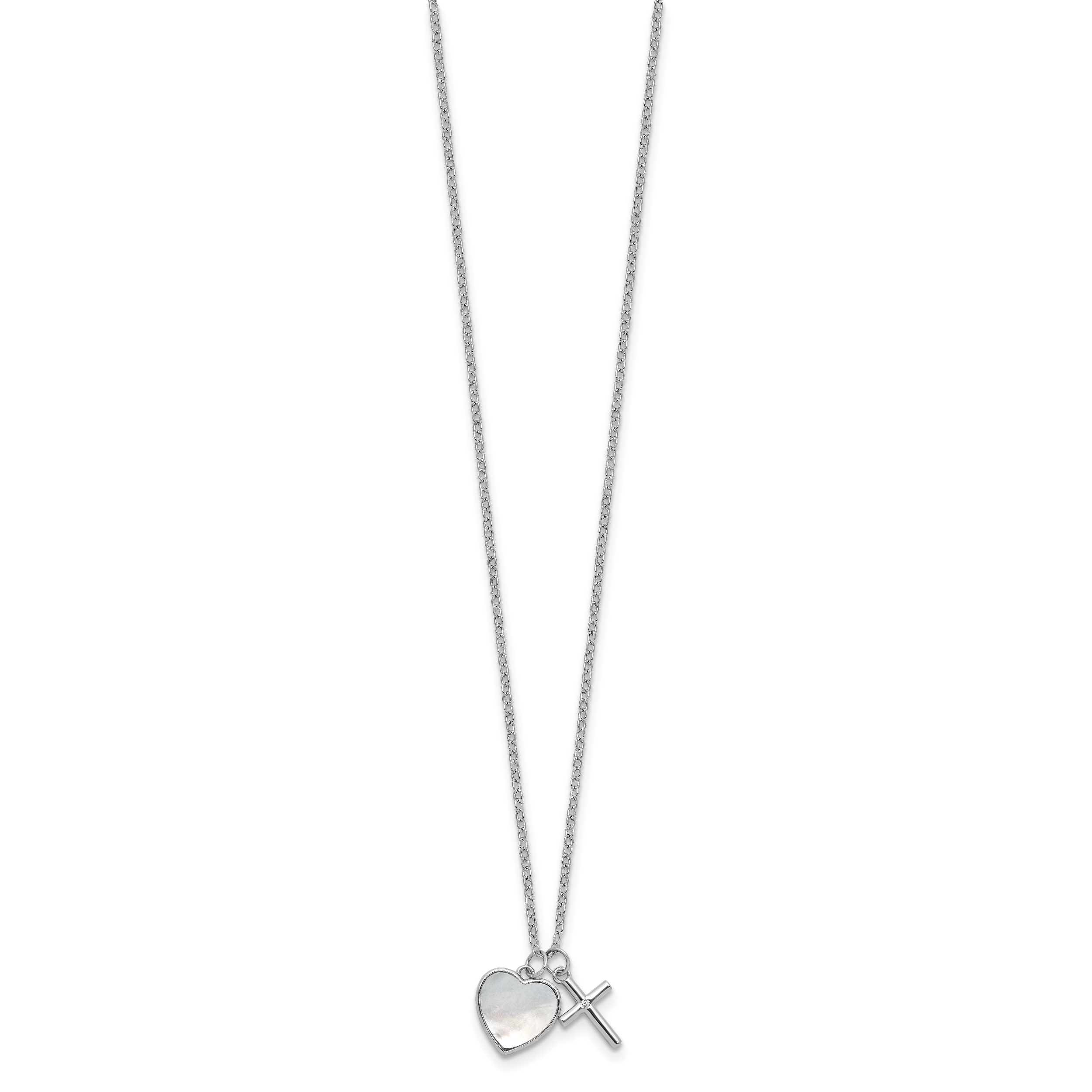 Sterling Silver Rhodium-plated Polished Mother of Pearl Heart and CZ Cross 14 Inch with 3 Inch Extension Children's Necklace Secondary image